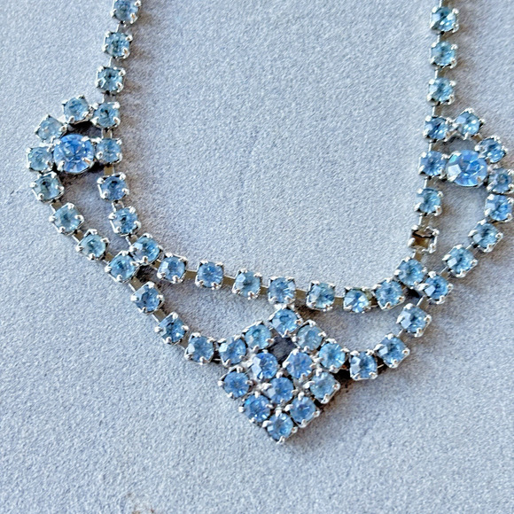 1950's Blue Rhinestone Mid Century Vintage Choker Necklace, Prom Formal Jewelry - Picture 9 of 12